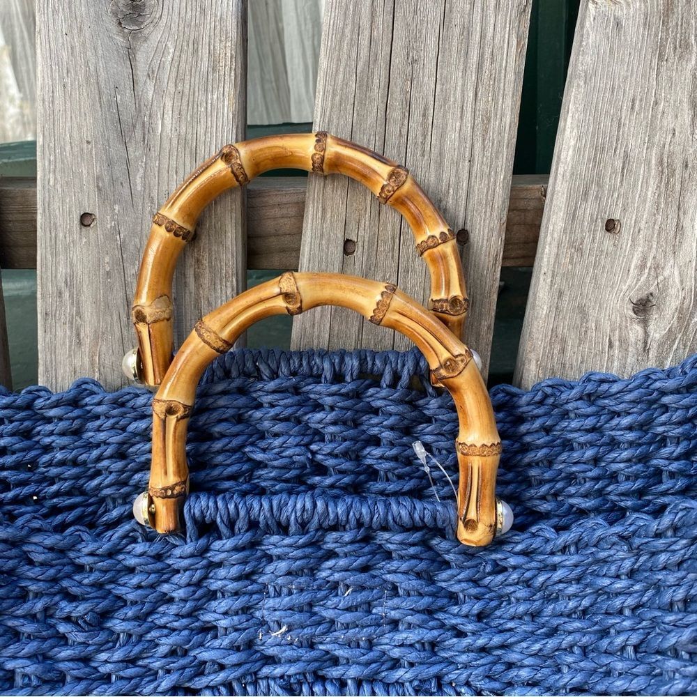 BTB Los Angeles Straw Blue Woven Tote Bag with Bamboo Handles - Picture 7 of 13